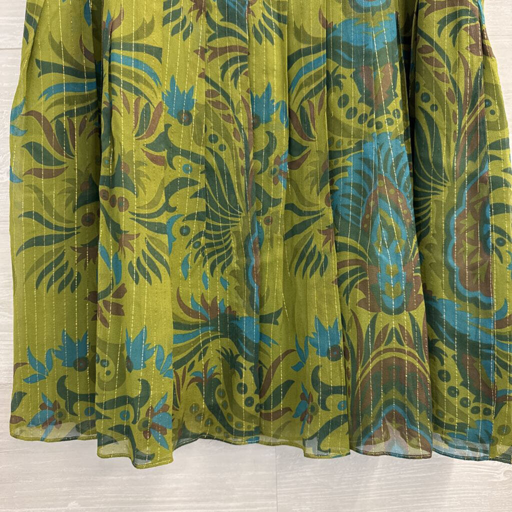 Kay Unger Green/ Multi Silk Blend Print Skirt 14