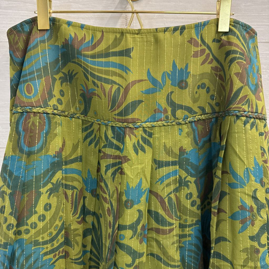 Kay Unger Green/ Multi Silk Blend Print Skirt 14