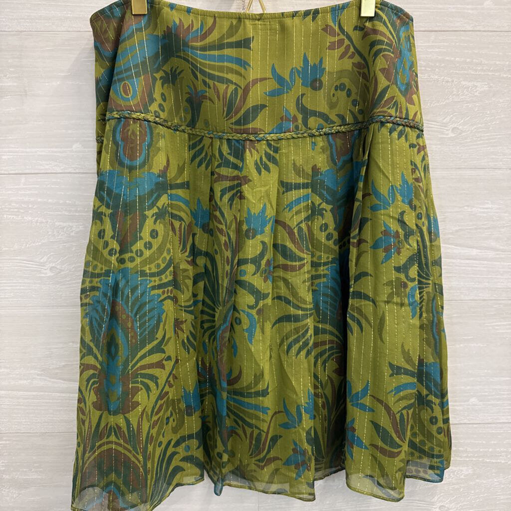 Kay Unger Green/ Multi Silk Blend Print Skirt 14
