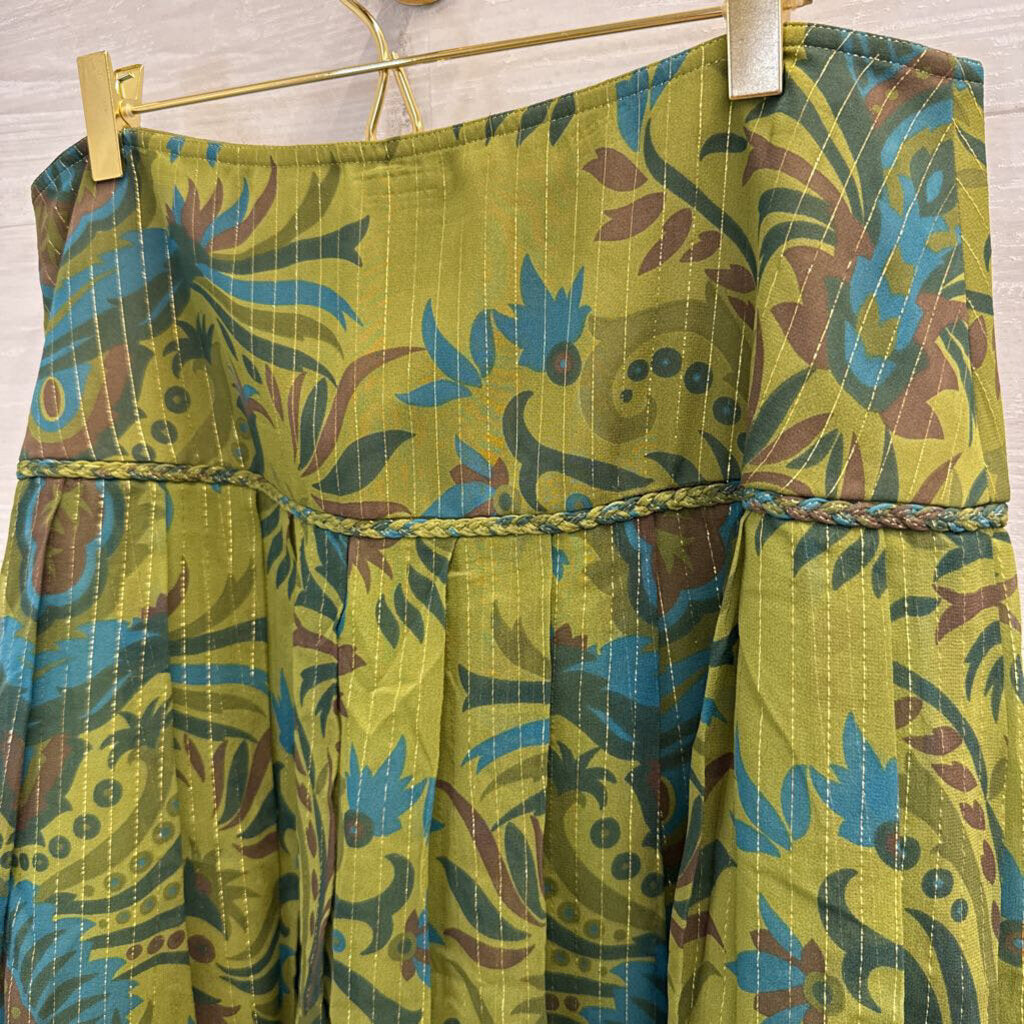 Kay Unger Green/ Multi Silk Blend Print Skirt 14