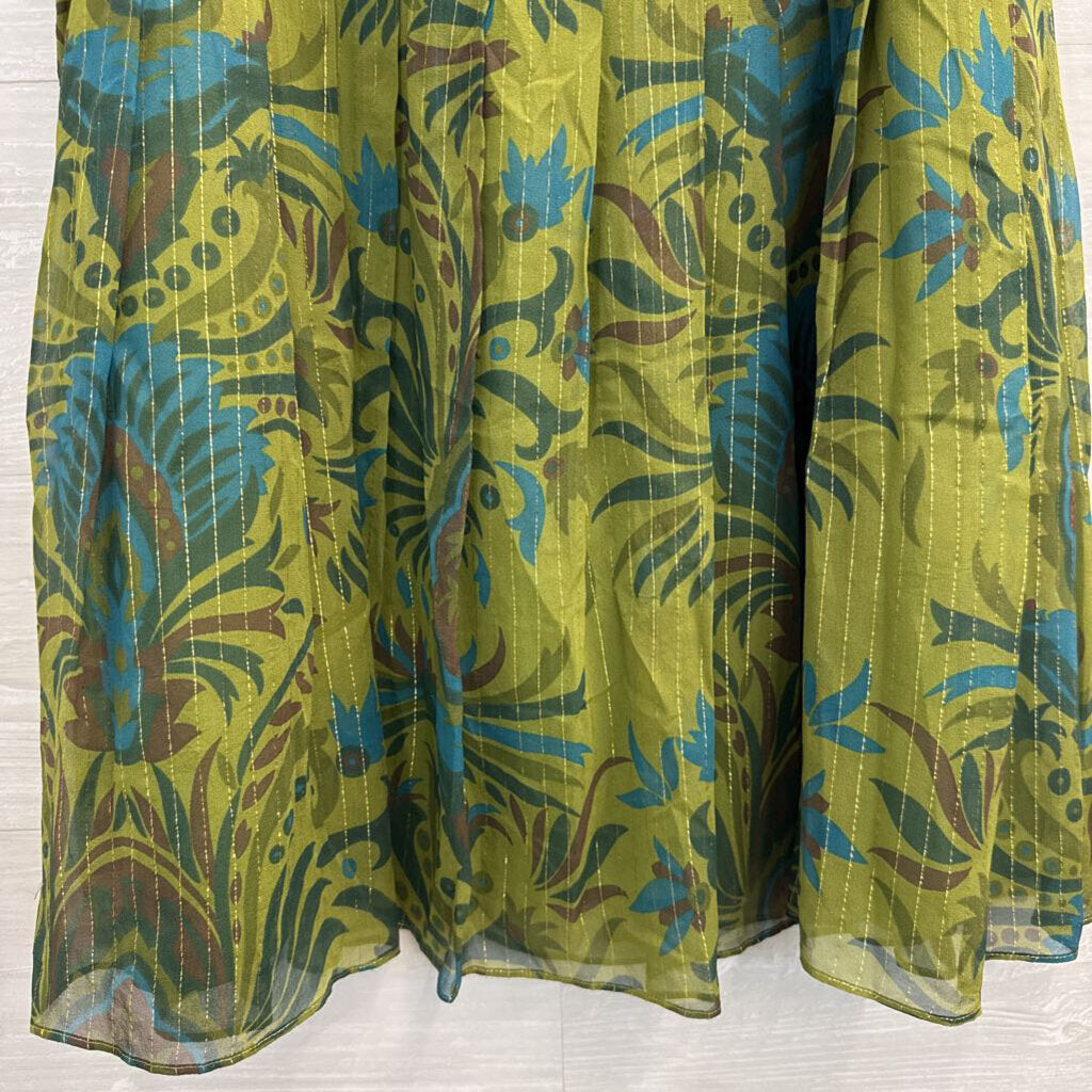 Kay Unger Green/ Multi Silk Blend Print Skirt 14