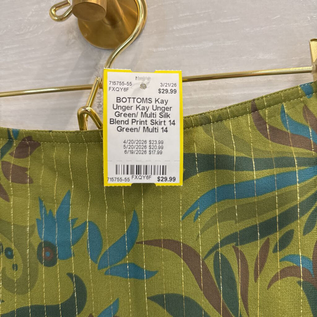 Kay Unger Green/ Multi Silk Blend Print Skirt 14
