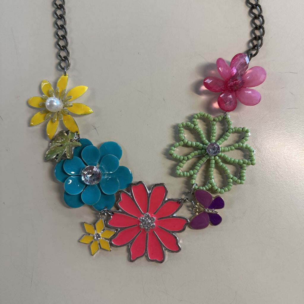 Silver/ Multi Flower Statement Necklace