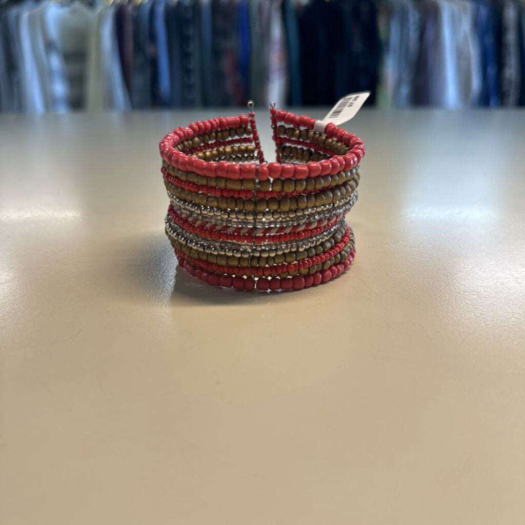 Pink Beaded Layered Cuff Bracelet