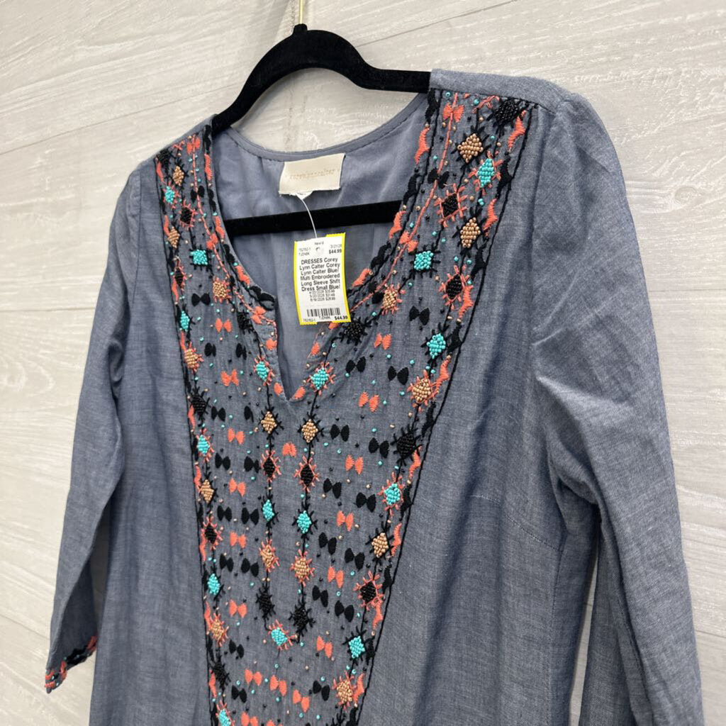 Corey Lynn Calter Blue/ Multi Embroidered Long Sleeve Shift Dress Small