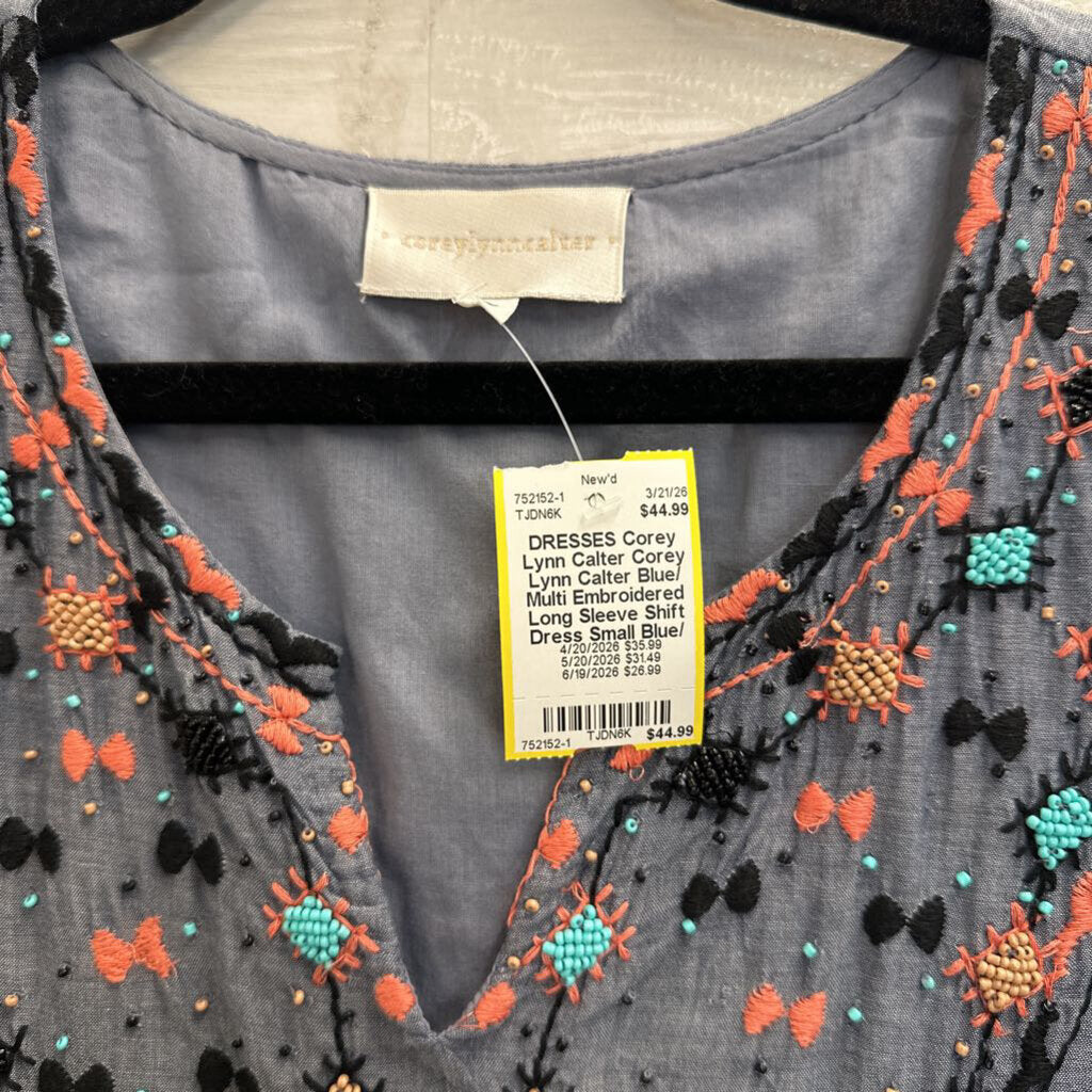 Corey Lynn Calter Blue/ Multi Embroidered Long Sleeve Shift Dress Small