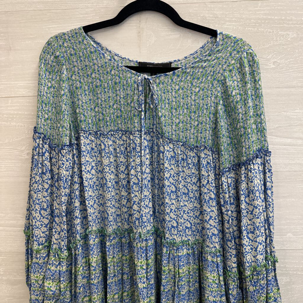 BCBG Blue/ White/ Green Print Long Sleeve Dress Small