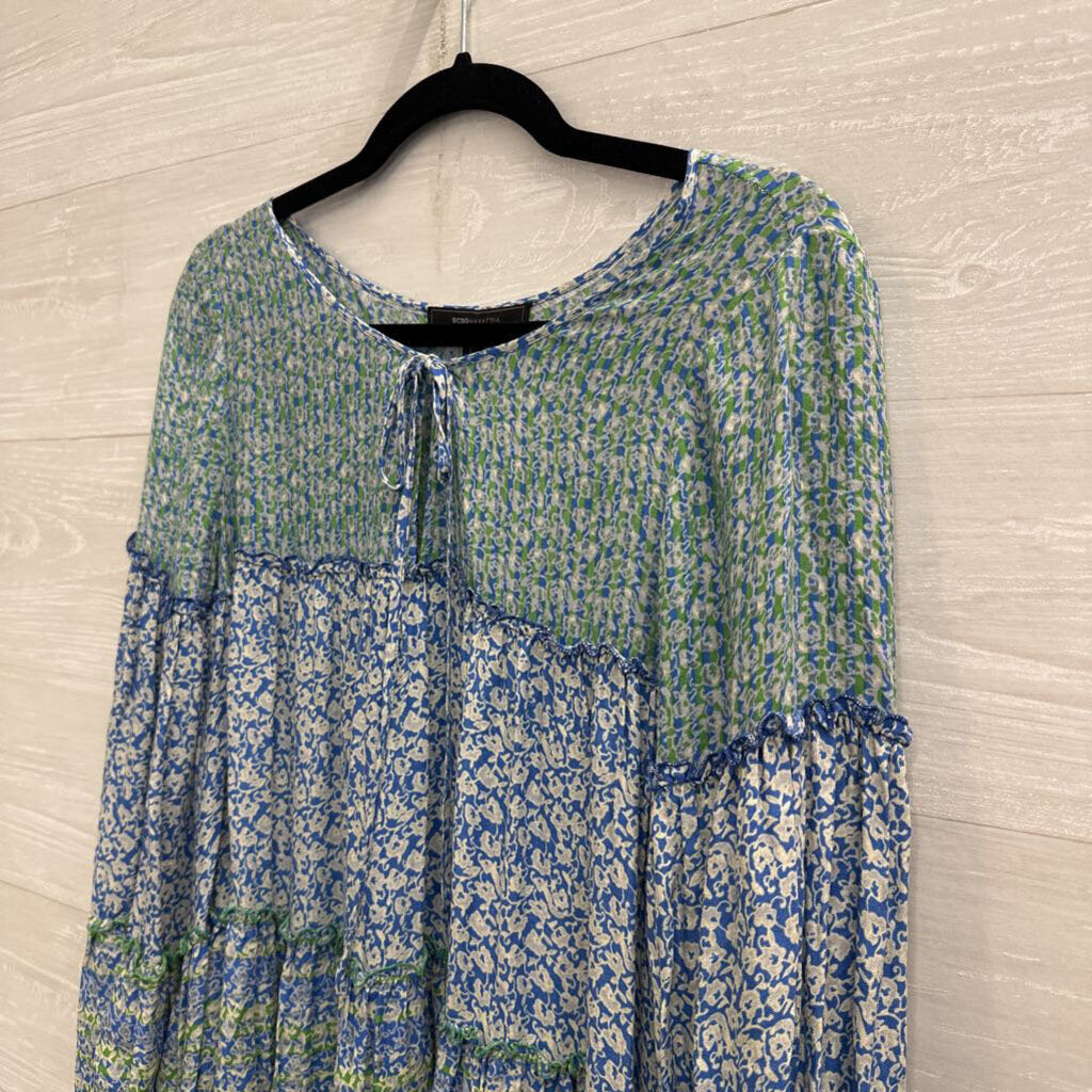 BCBG Blue/ White/ Green Print Long Sleeve Dress Small