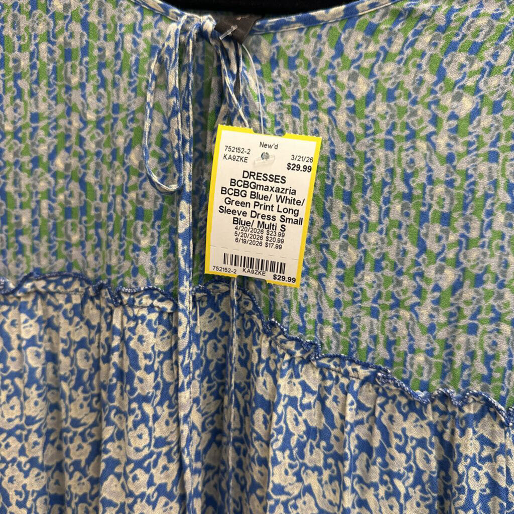 BCBG Blue/ White/ Green Print Long Sleeve Dress Small