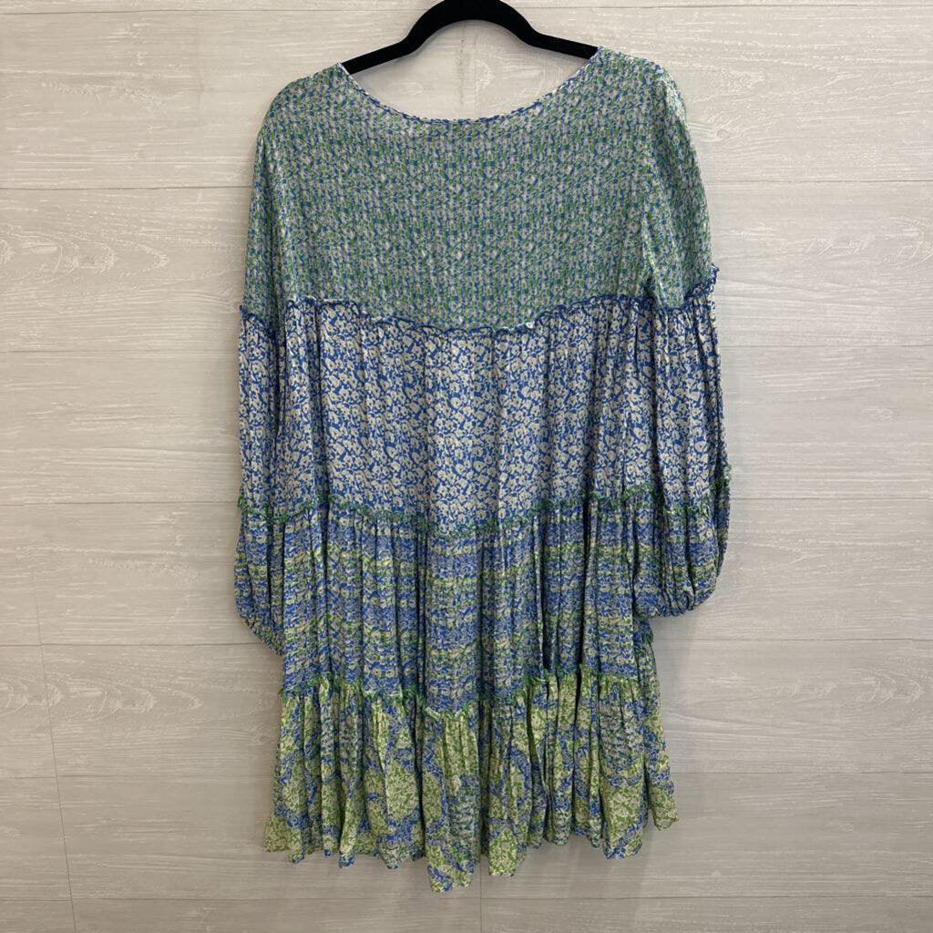 BCBG Blue/ White/ Green Print Long Sleeve Dress Small