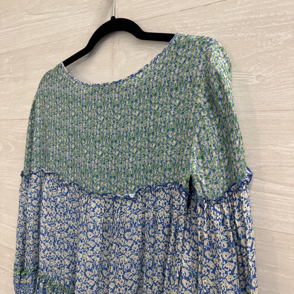 BCBG Blue/ White/ Green Print Long Sleeve Dress Small