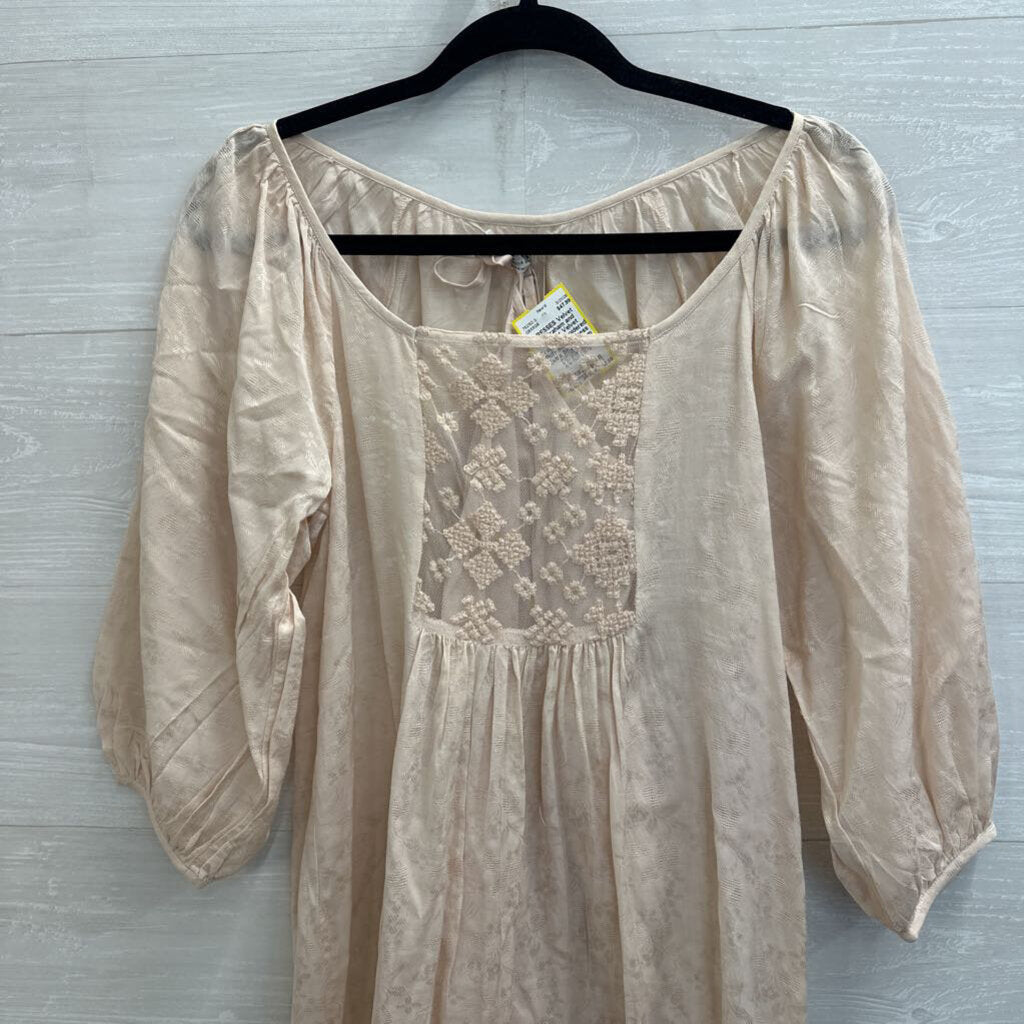 Velvet Cream Embroidered Puff Sleeve Dress Extra Small