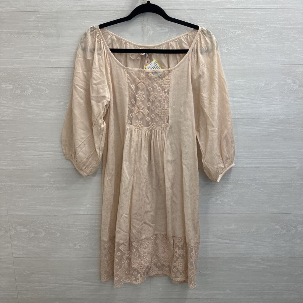 Velvet Cream Embroidered Puff Sleeve Dress Extra Small