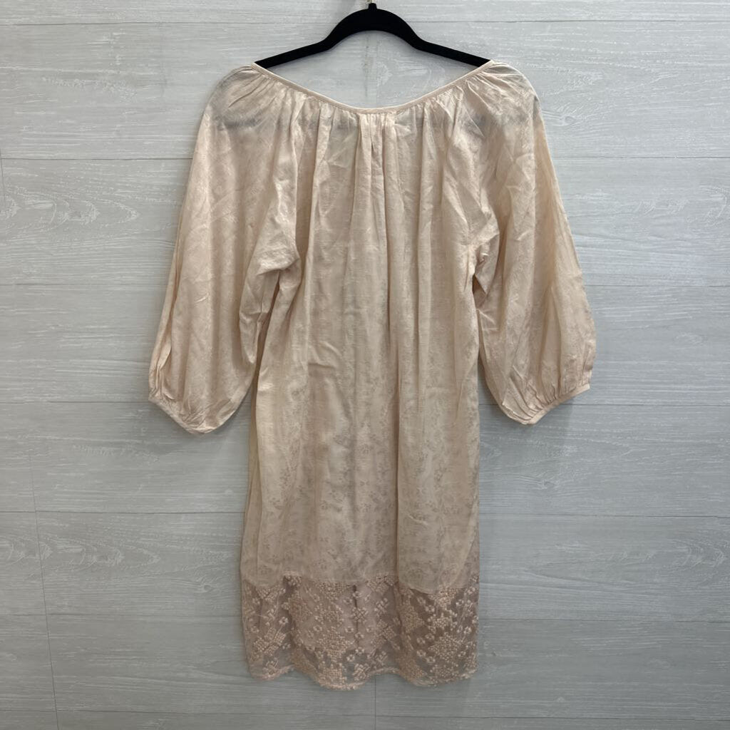 Velvet Cream Embroidered Puff Sleeve Dress Extra Small