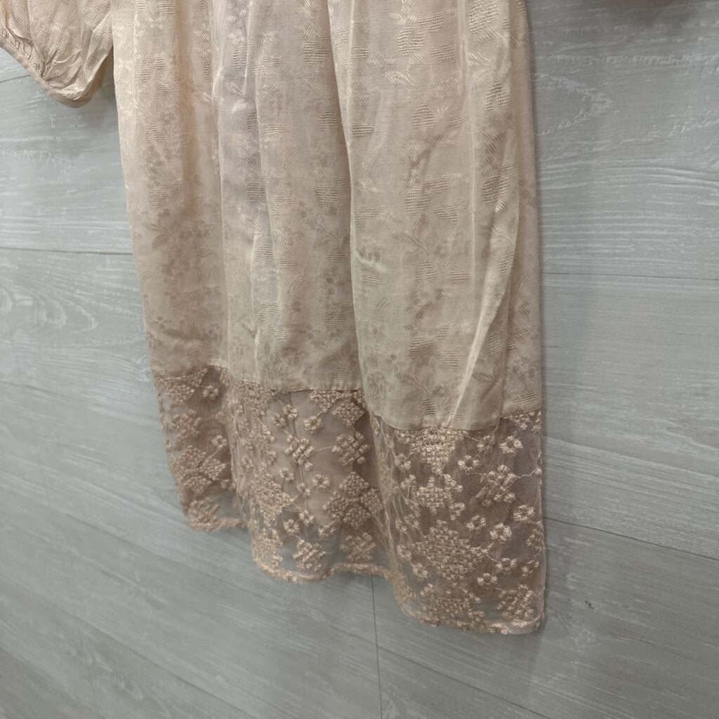 Velvet Cream Embroidered Puff Sleeve Dress Extra Small