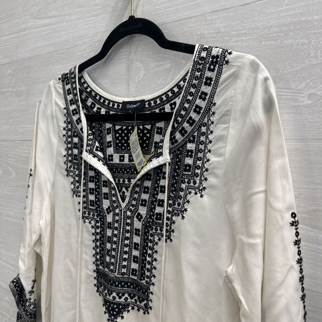 Tolani White/ Black Embroidered Long Sleeve Dress Small