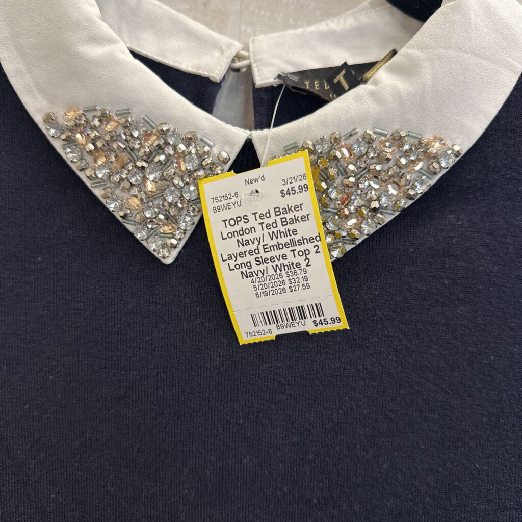 Ted Baker Navy/ White Layered Embellished Long Sleeve Top 2