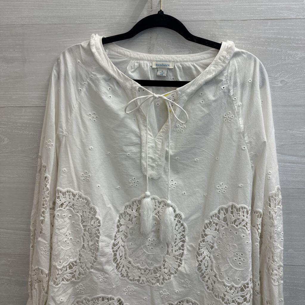 Sundance White Eyelet Crochet Long Sleeve Top Small