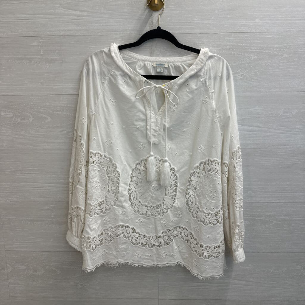 Sundance White Eyelet Crochet Long Sleeve Top Small