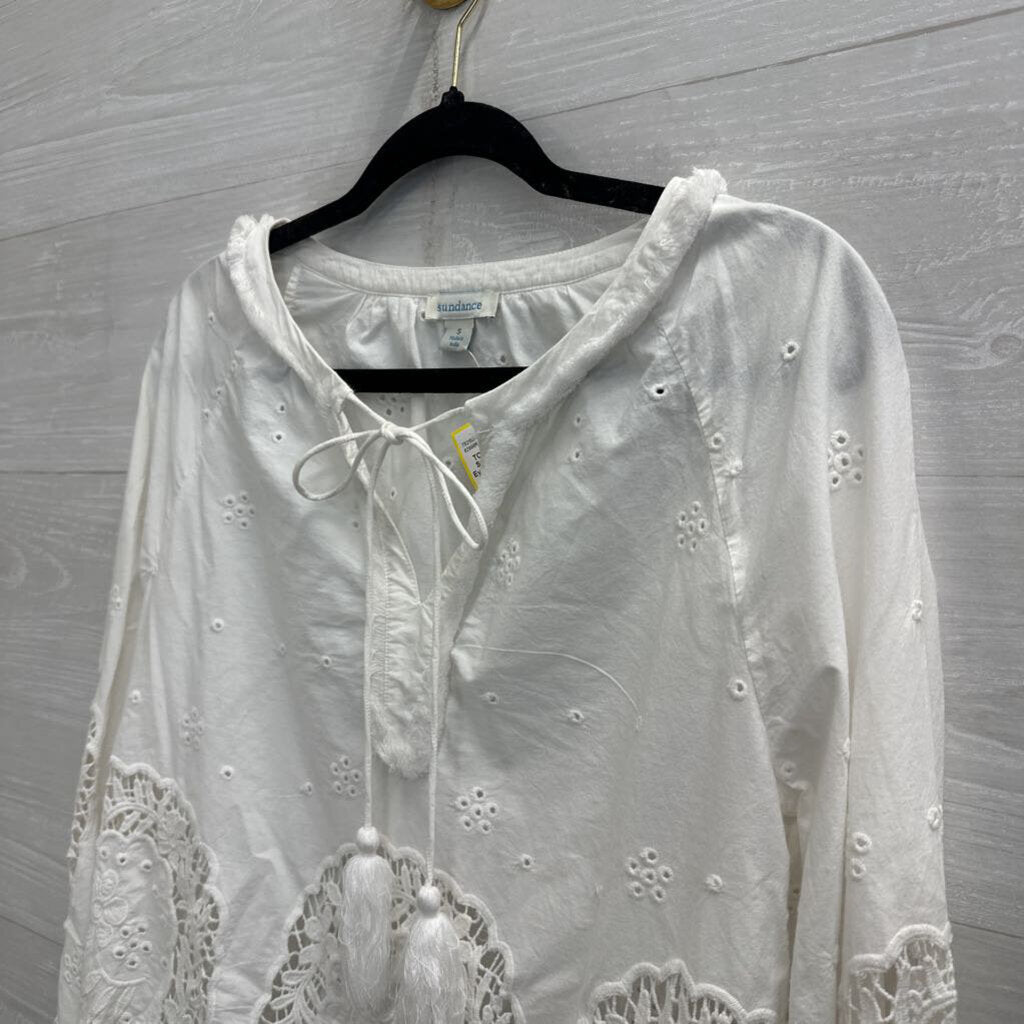 Sundance White Eyelet Crochet Long Sleeve Top Small
