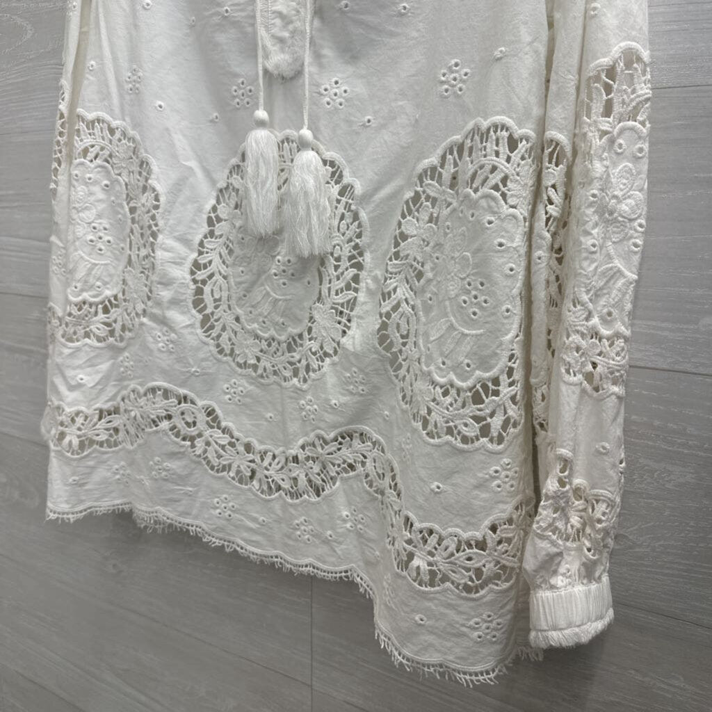 Sundance White Eyelet Crochet Long Sleeve Top Small