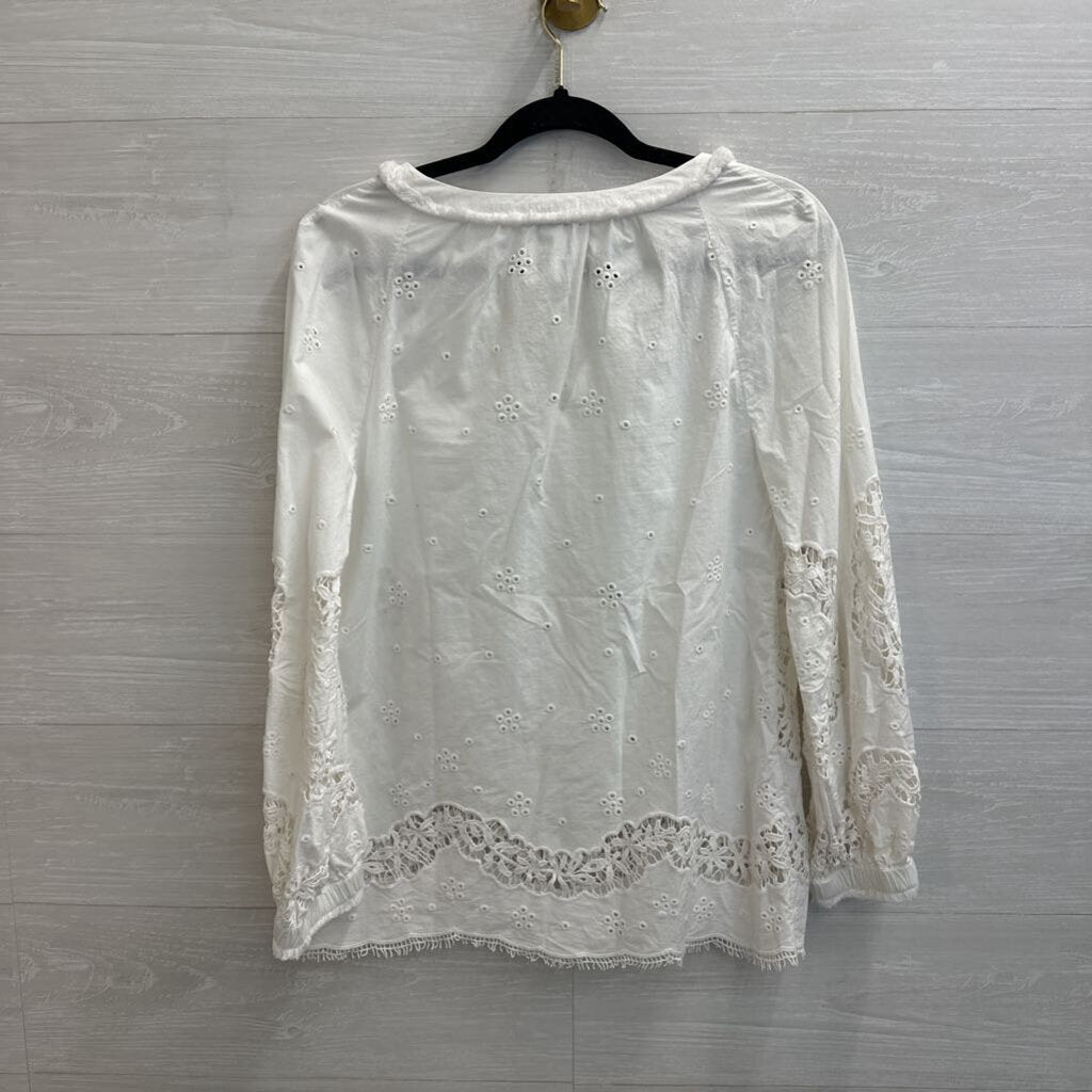 Sundance White Eyelet Crochet Long Sleeve Top Small
