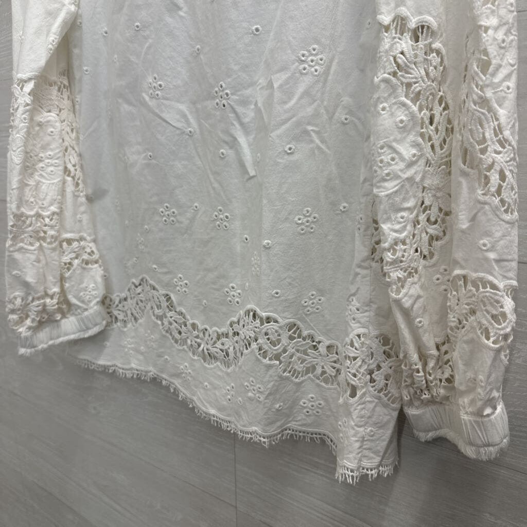 Sundance White Eyelet Crochet Long Sleeve Top Small