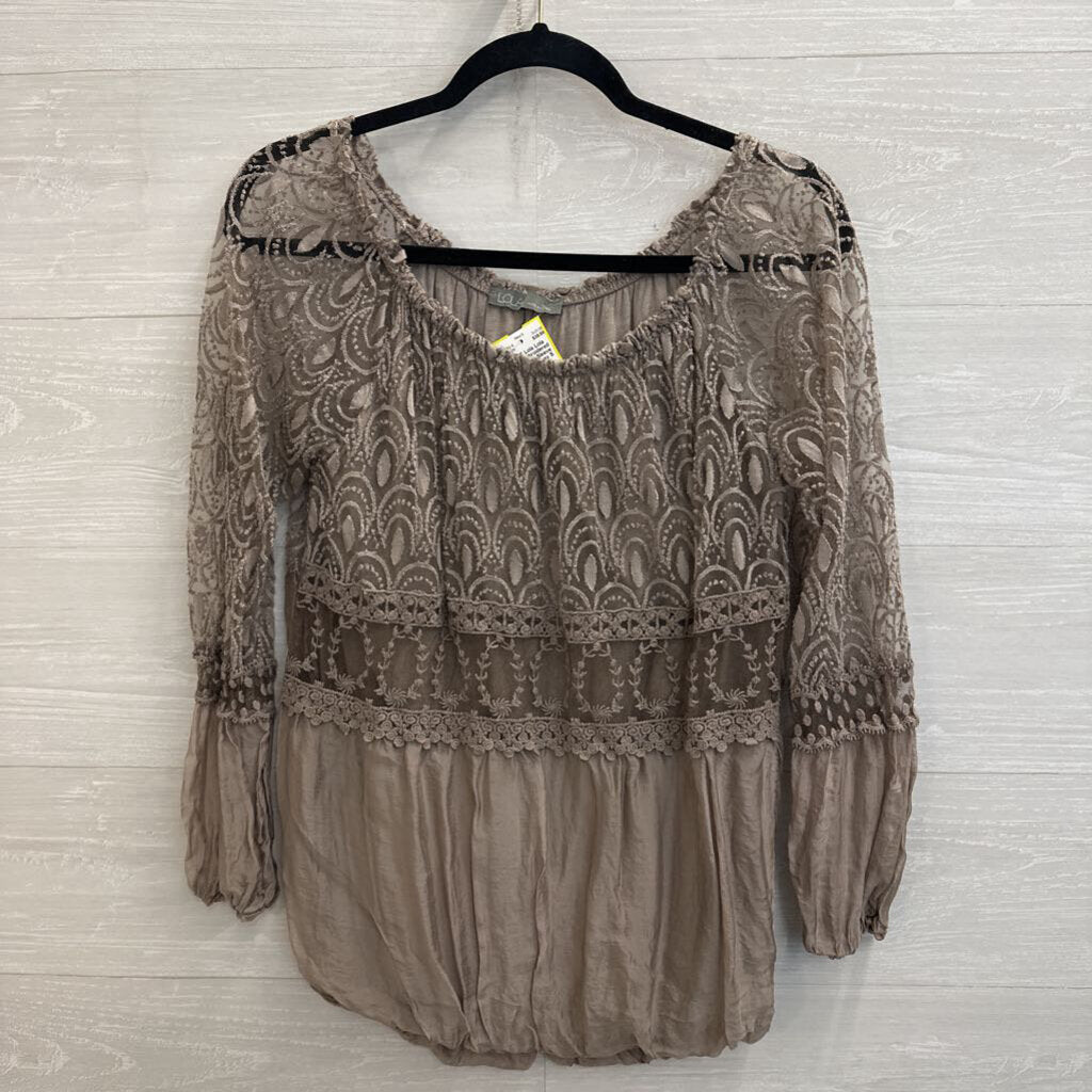 Lola Grey Embroidered Lace Long Sleeve Top Small