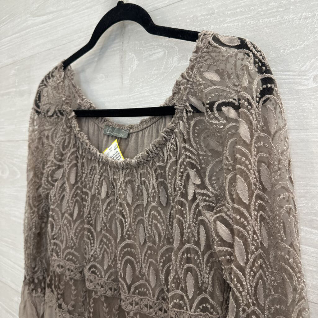 Lola Grey Embroidered Lace Long Sleeve Top Small