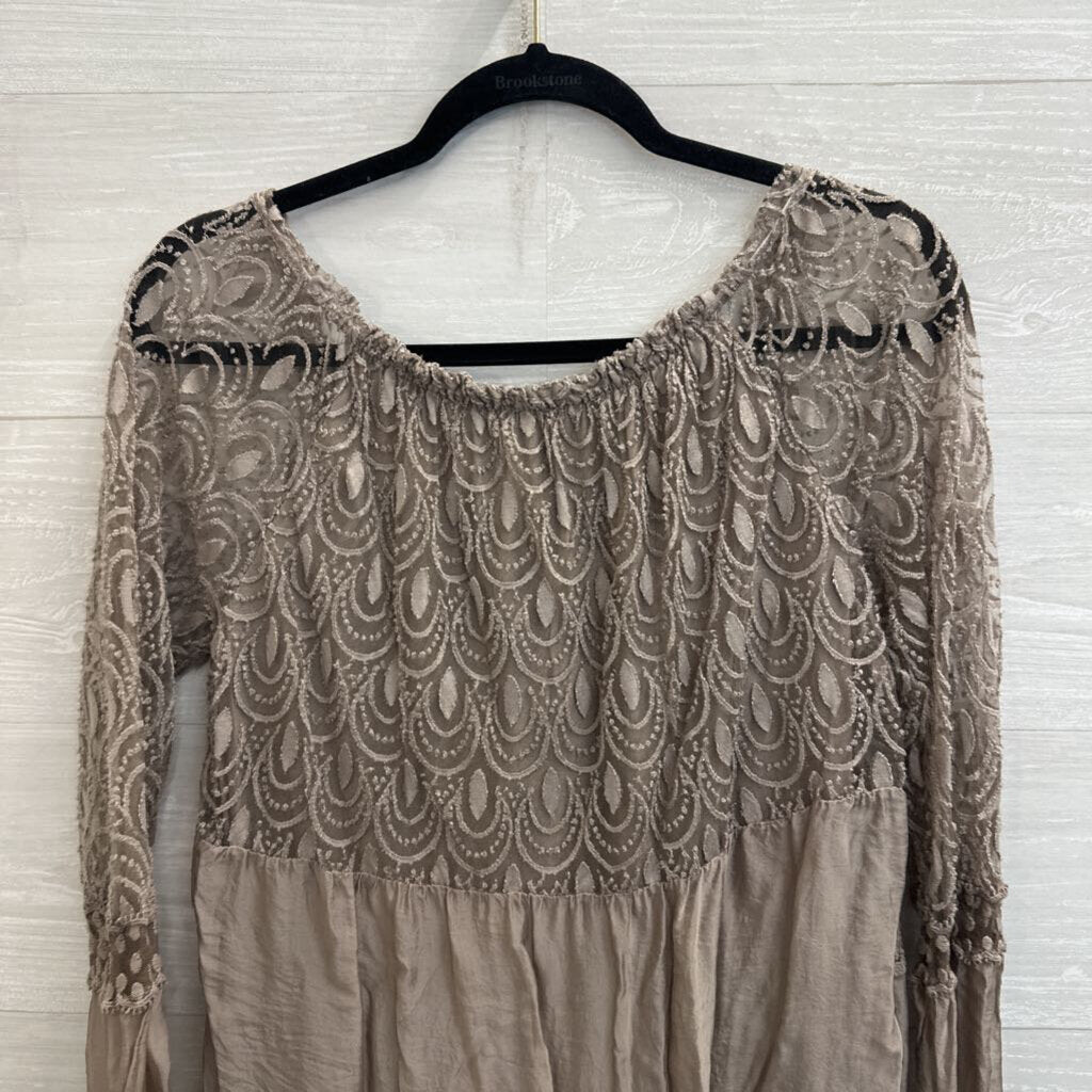 Lola Grey Embroidered Lace Long Sleeve Top Small