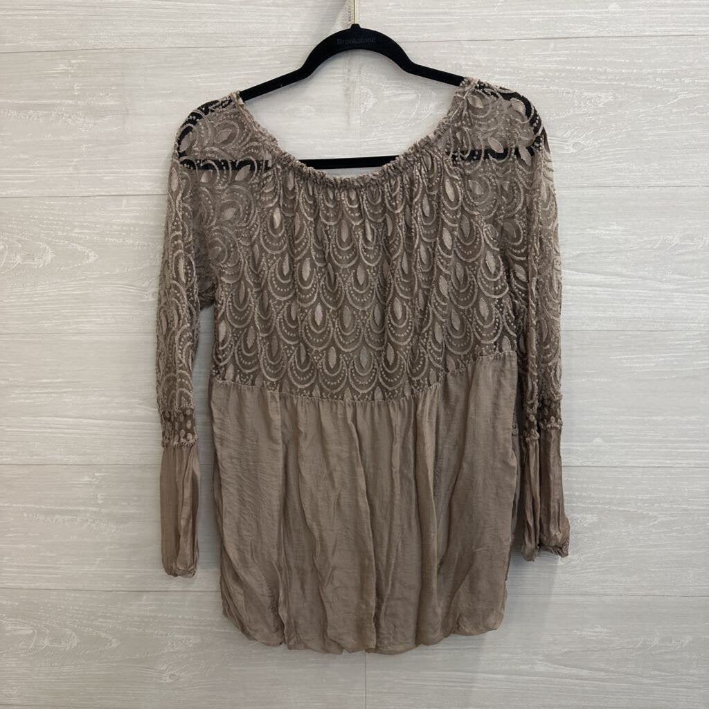 Lola Grey Embroidered Lace Long Sleeve Top Small