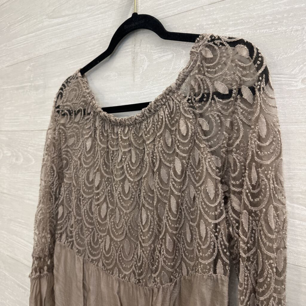 Lola Grey Embroidered Lace Long Sleeve Top Small