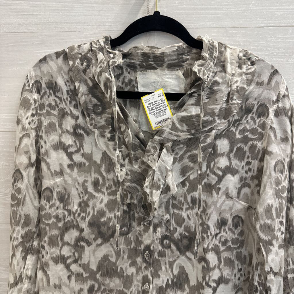 Shirts by Cino Grey/ White Print Ruffle Detail Long Sleeve Button Front Top Small