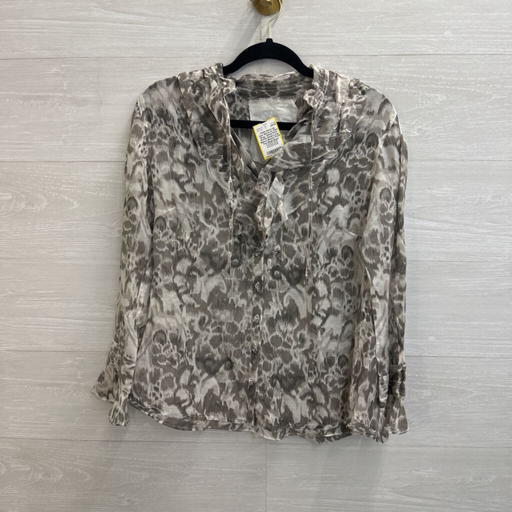 Shirts by Cino Grey/ White Print Ruffle Detail Long Sleeve Button Front Top Small