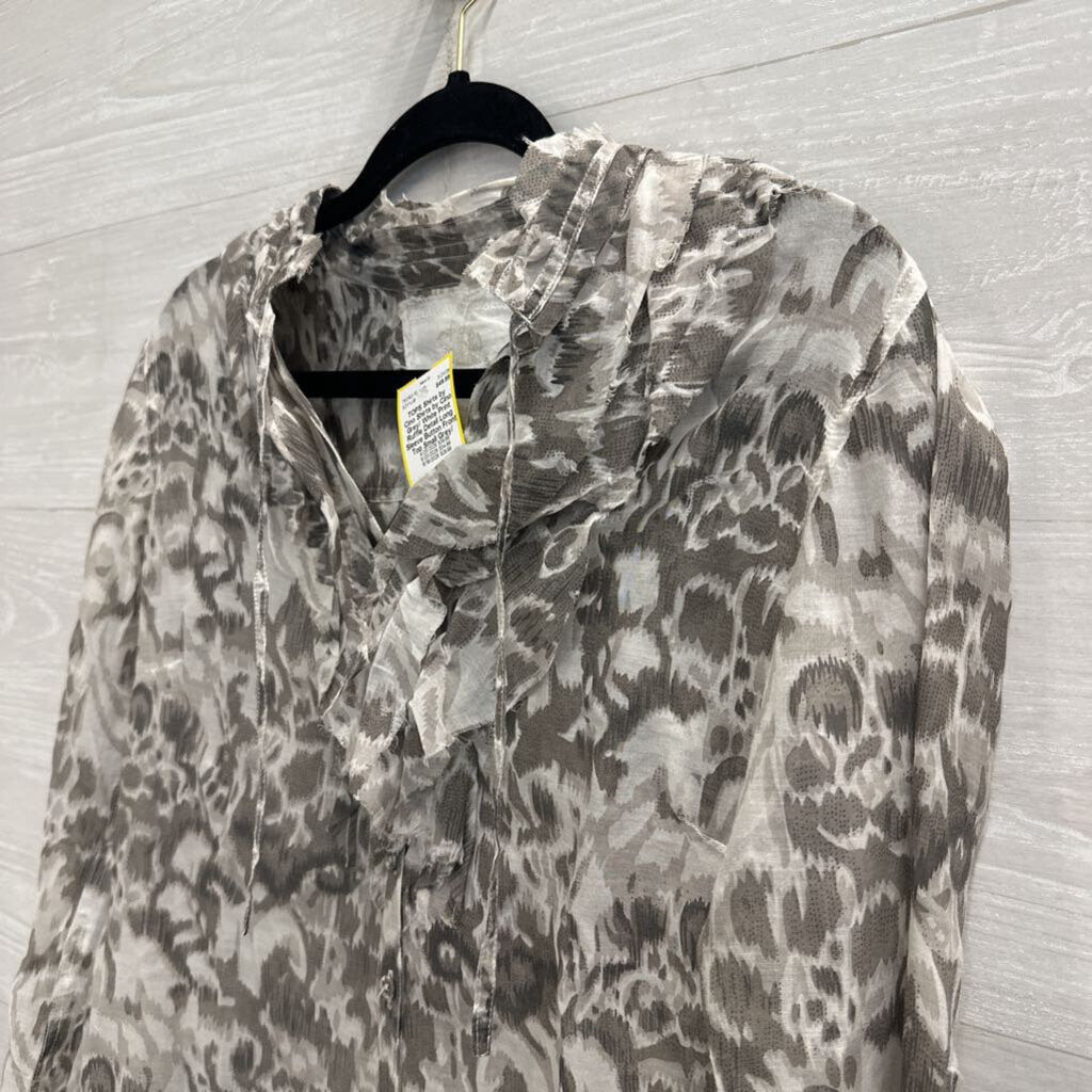 Shirts by Cino Grey/ White Print Ruffle Detail Long Sleeve Button Front Top Small