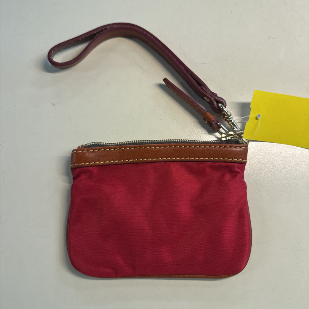 Dooney and Bourke Red Nylon Brown Leather Trim Wristlet Wallet
