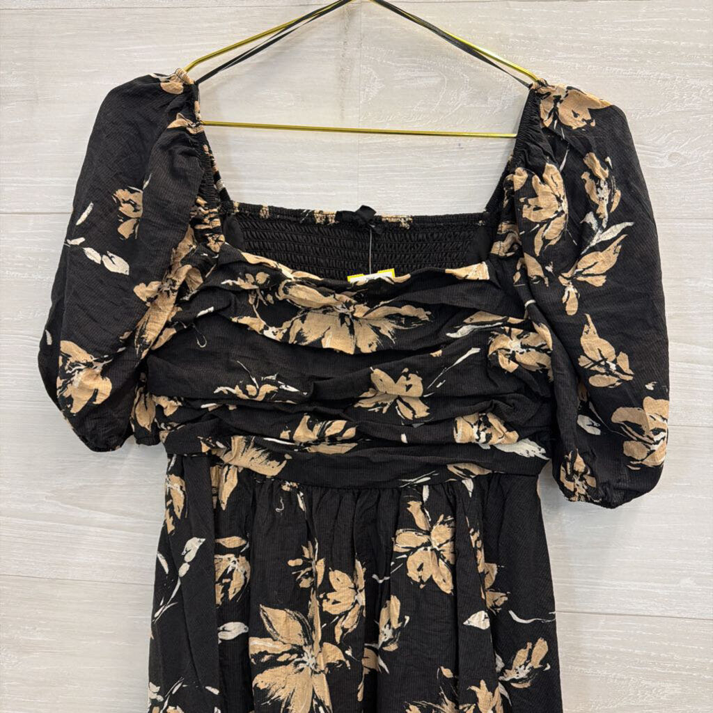 Blu Pepper Black/ Beige Floral Print Short Puff Sleeve Dress Medium