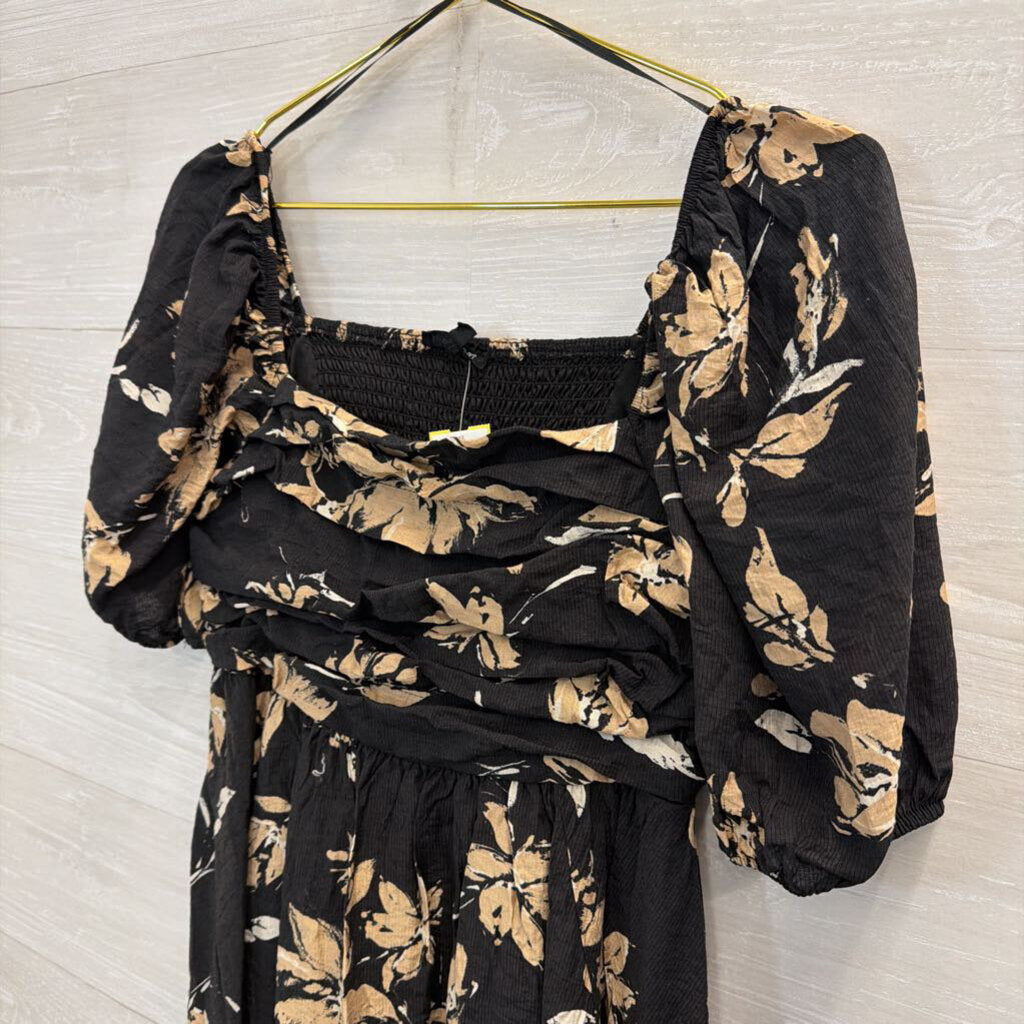 Blu Pepper Black/ Beige Floral Print Short Puff Sleeve Dress Medium