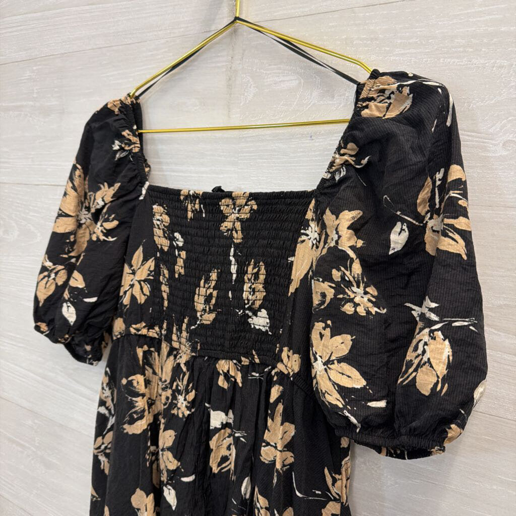 Blu Pepper Black/ Beige Floral Print Short Puff Sleeve Dress Medium