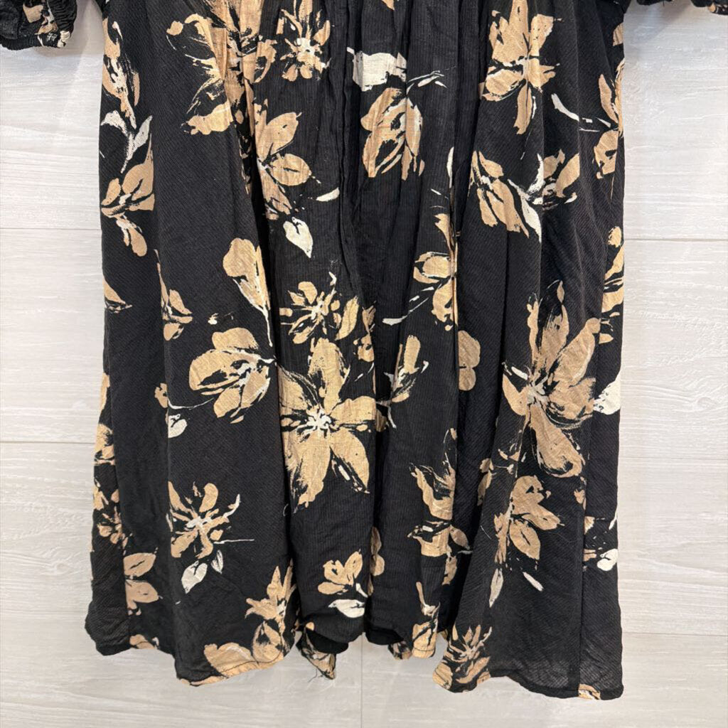 Blu Pepper Black/ Beige Floral Print Short Puff Sleeve Dress Medium