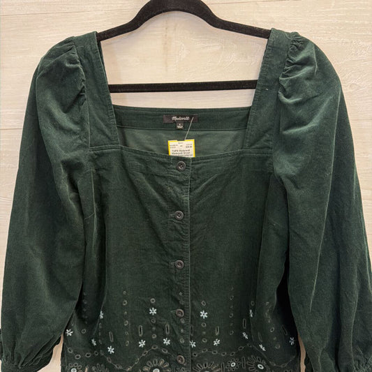 Madewell Green Velvet Embroidered Long Puff Sleeve Button Front Top Small