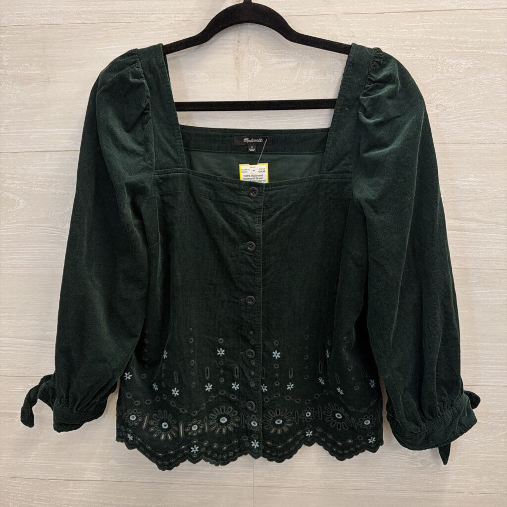 Madewell Green Velvet Embroidered Long Puff Sleeve Button Front Top Small