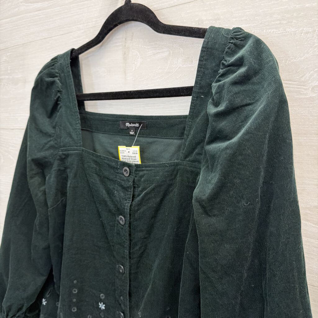 Madewell Green Velvet Embroidered Long Puff Sleeve Button Front Top Small