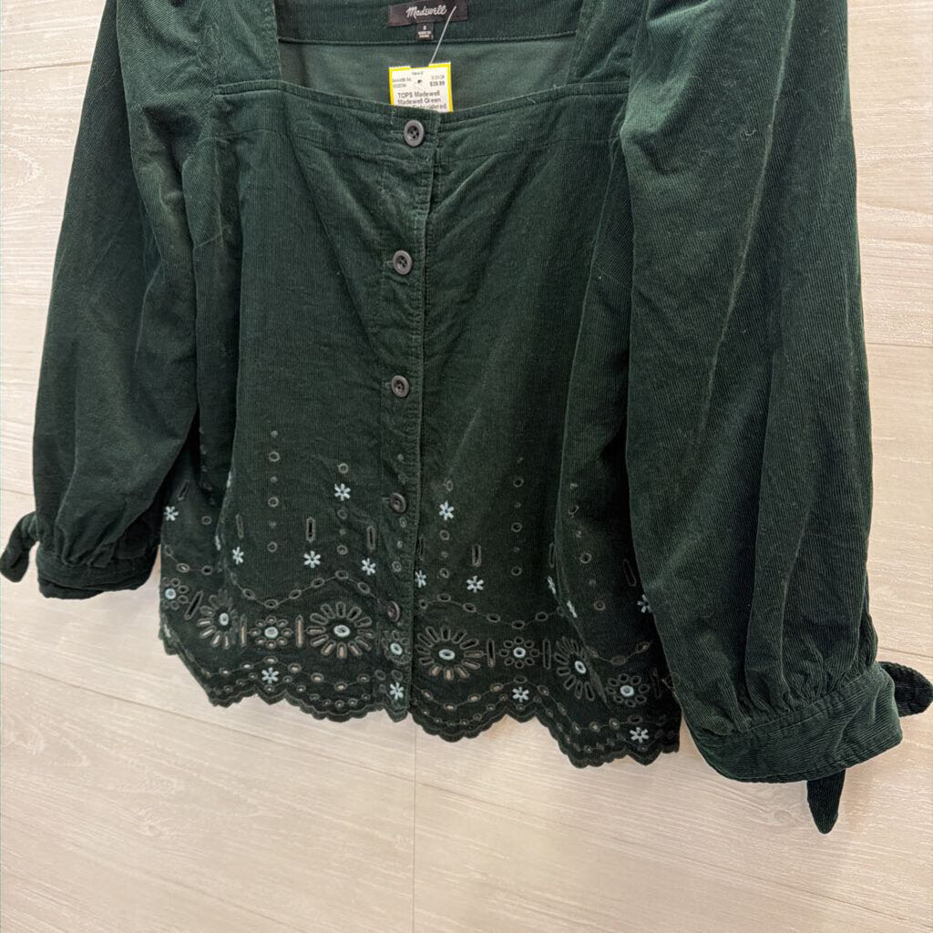 Madewell Green Velvet Embroidered Long Puff Sleeve Button Front Top Small