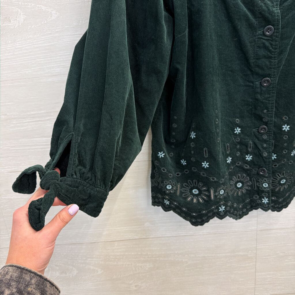 Madewell Green Velvet Embroidered Long Puff Sleeve Button Front Top Small