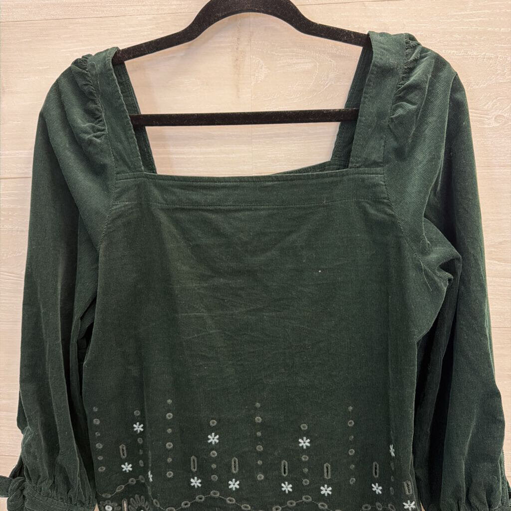 Madewell Green Velvet Embroidered Long Puff Sleeve Button Front Top Small
