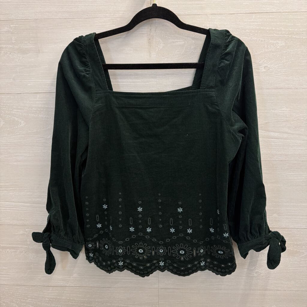 Madewell Green Velvet Embroidered Long Puff Sleeve Button Front Top Small