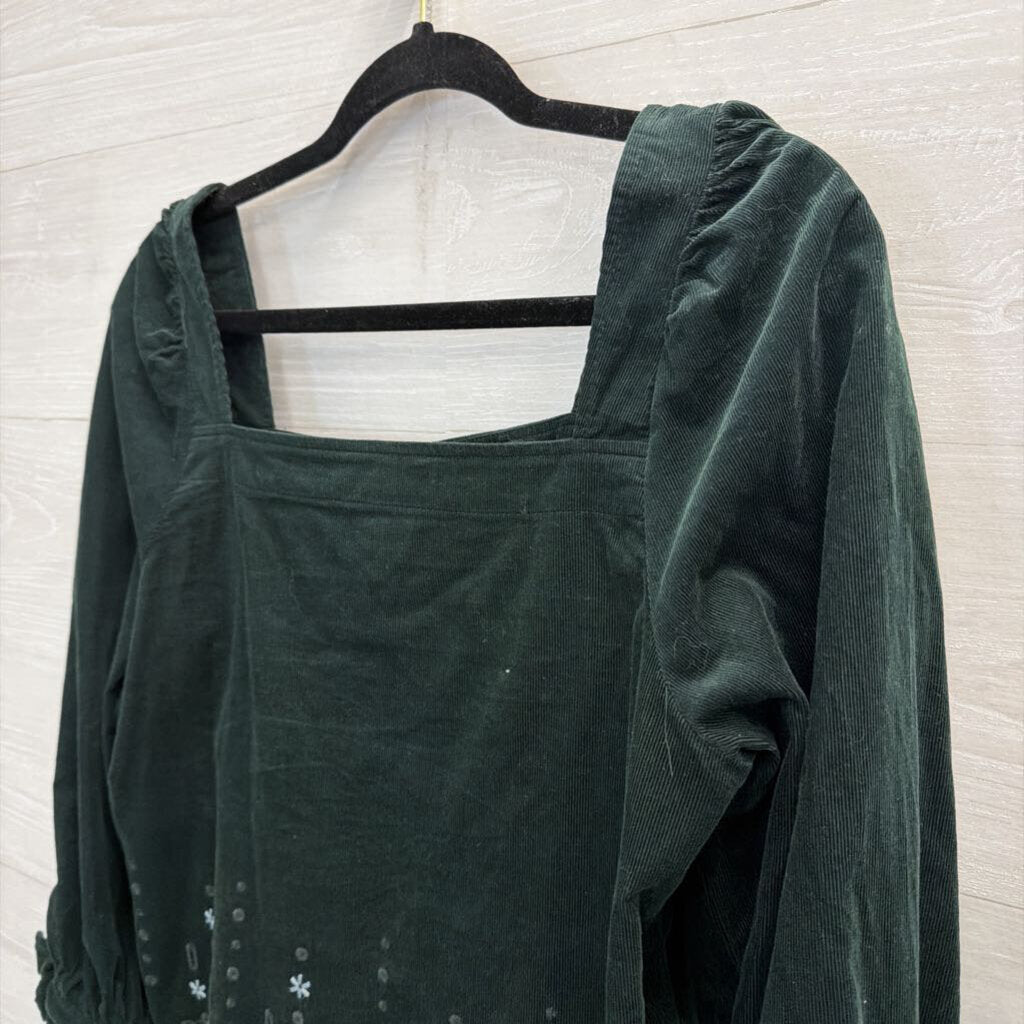 Madewell Green Velvet Embroidered Long Puff Sleeve Button Front Top Small
