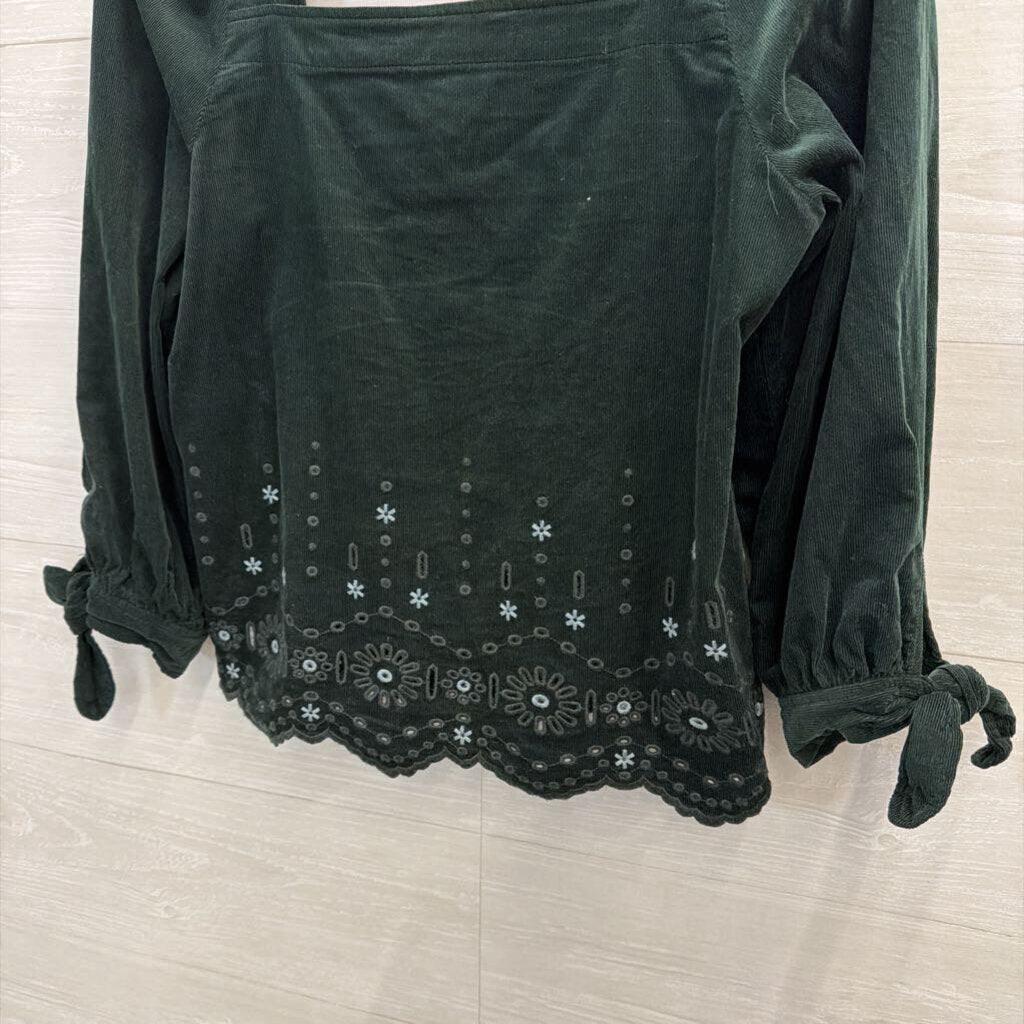 Madewell Green Velvet Embroidered Long Puff Sleeve Button Front Top Small
