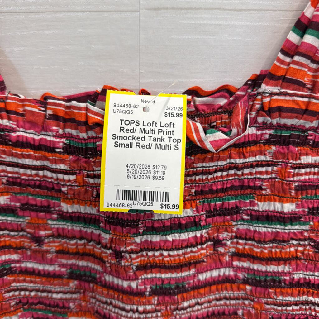 Loft Red/ Multi Print Smocked Tank Top Small